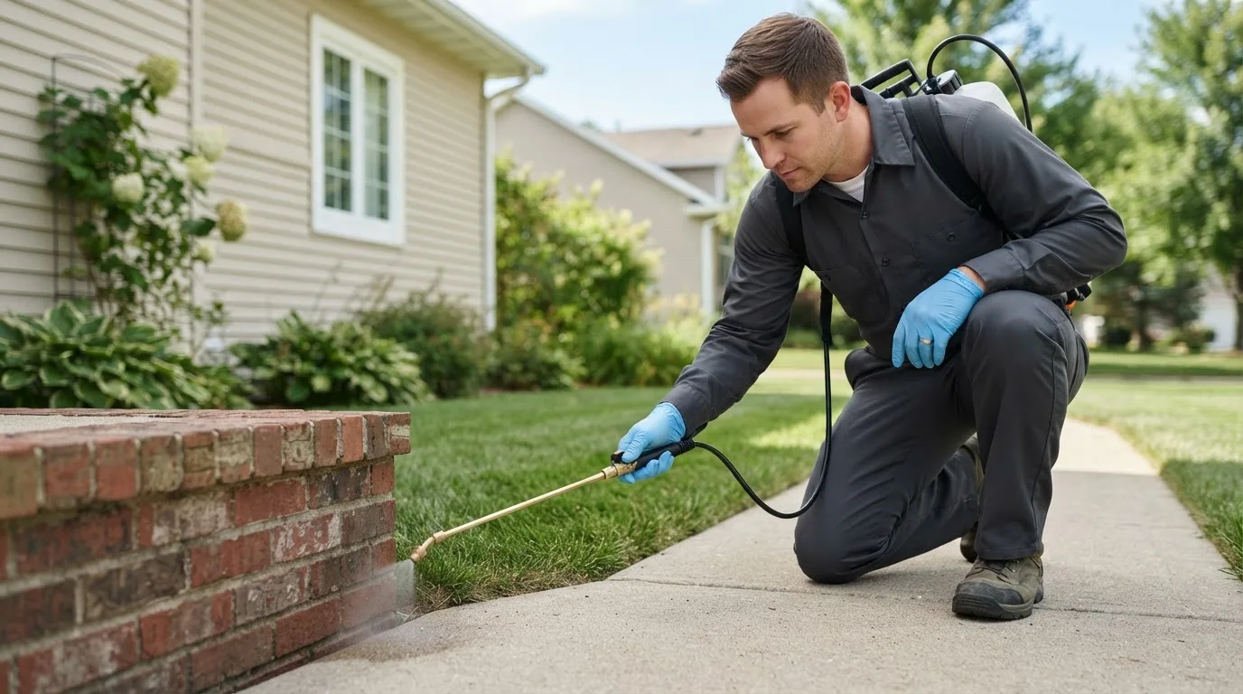Pest control technician treating a home near Hayesville, OH