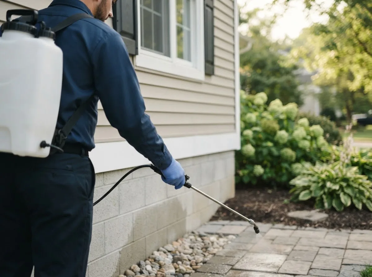 Pest control technician inspecting a home in Hayesville, OH